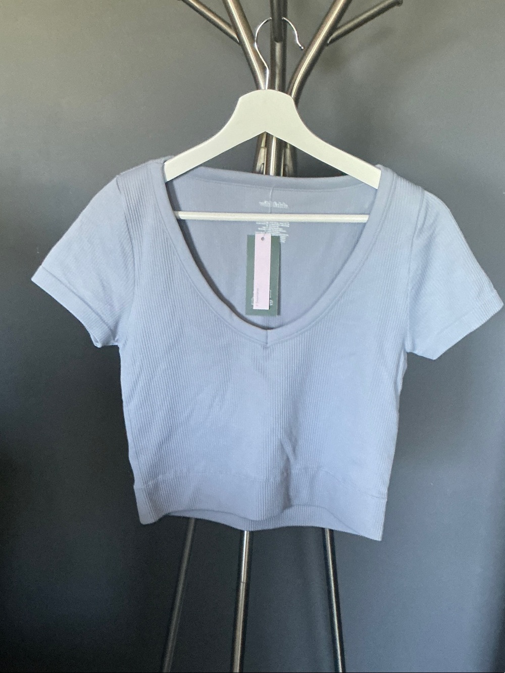 Ribbed V-Neck Crop Top - Light Blue